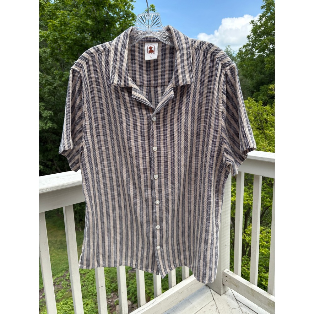 Dandy Del Mar Mens Button Down Shirt Large Blue Tan Striped Woven Cabana Coastal